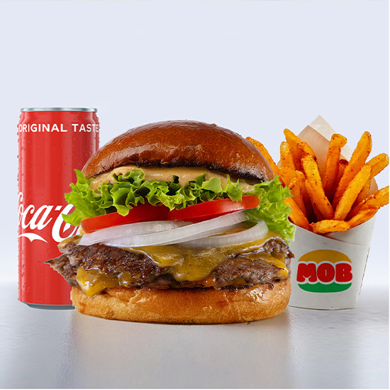 MOB Cheeseburger-Combo-Menü mit knusprigen Pommes und Erfrischungsgetränk