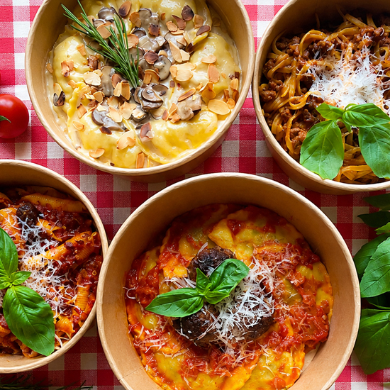 Bowl of Nonna pasta with rich tomato sauce – Italian delivery food